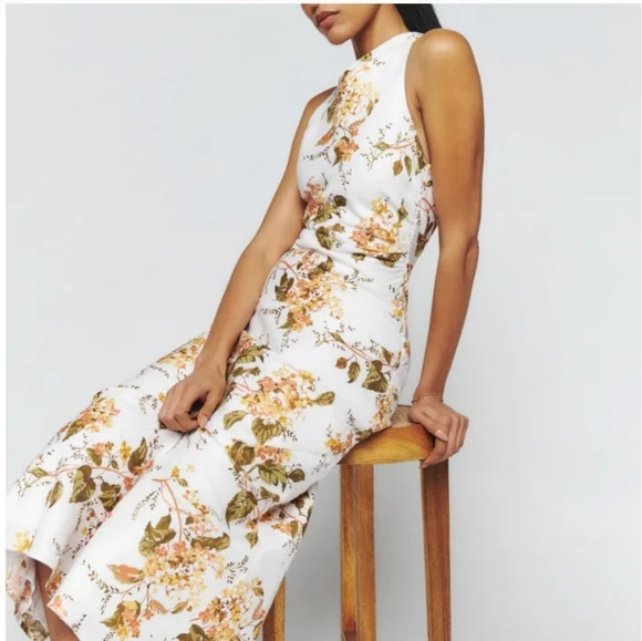 Reformation Cassette multi floral linen mock neck open back w/ruched waist dress Reformation Cassette multi floral linen mock neck open back w/ruched waist dress